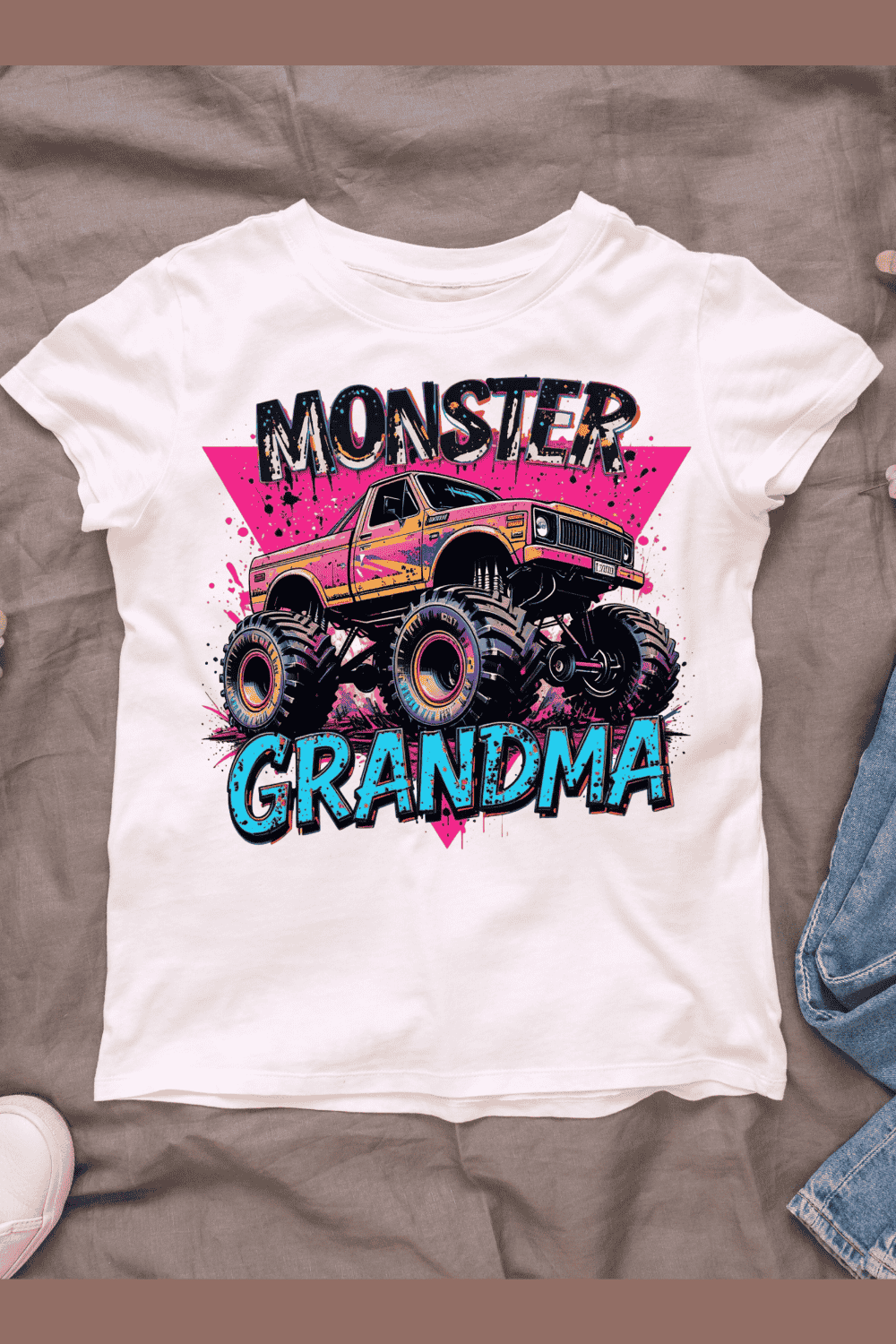 Pink Monster Truck with Grandma Text T-shirt Design pinterest preview image.