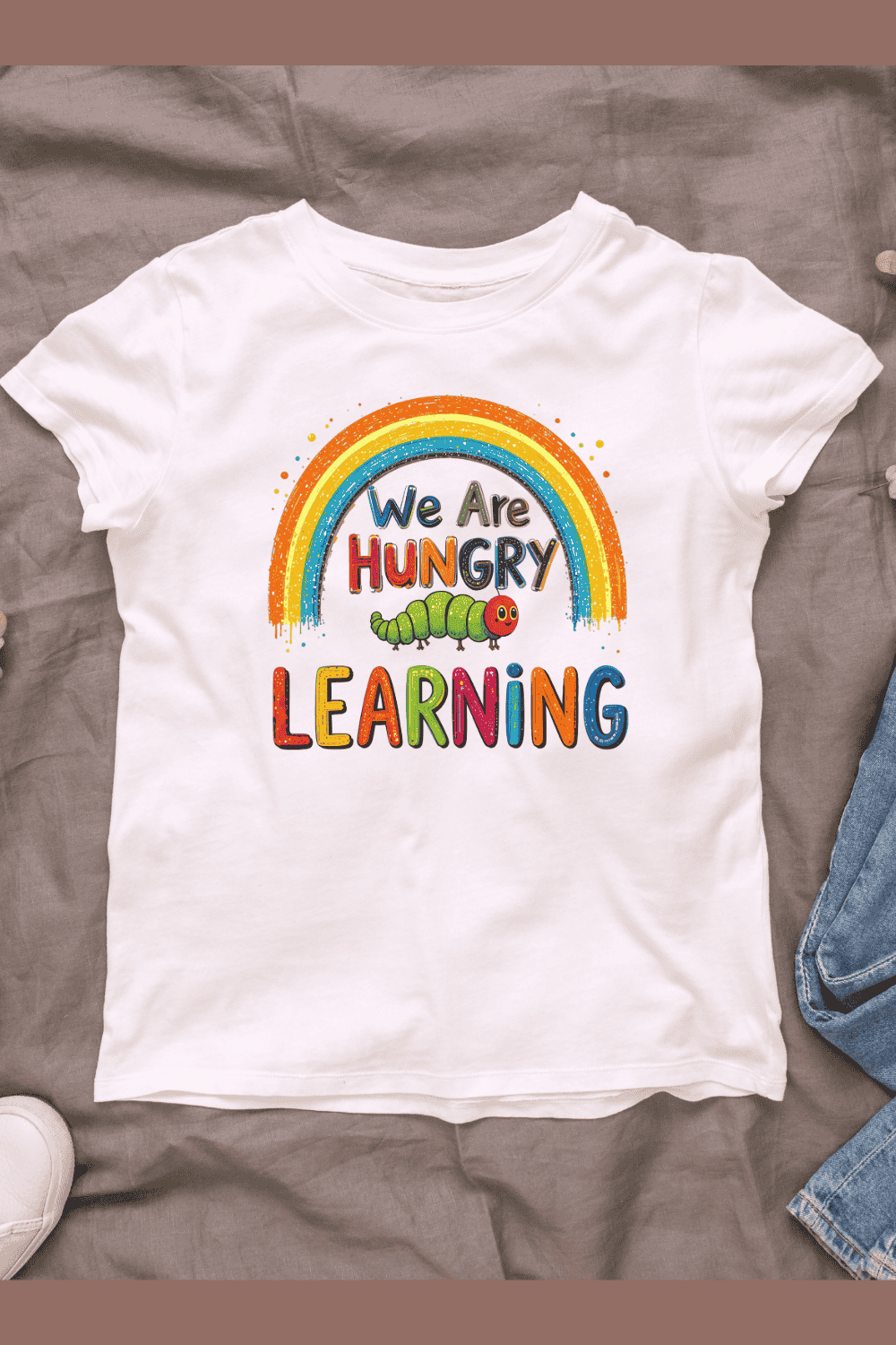 Rainbow and Caterpillar Learning T-shirt Design pinterest preview image.