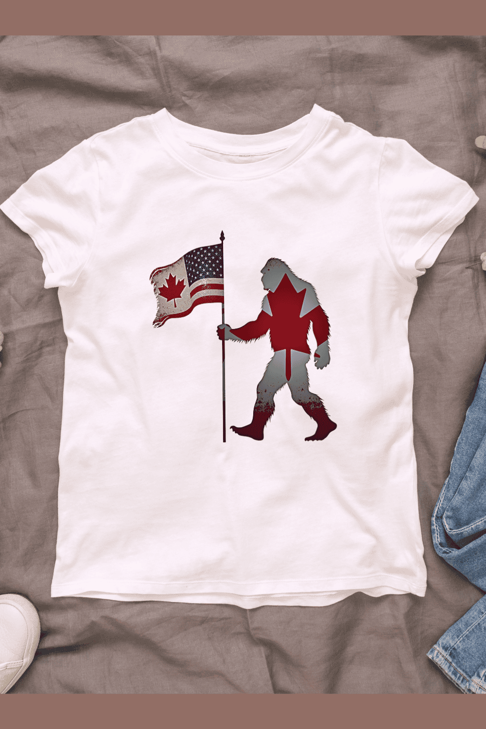 Bigfoot Holding American and Canadian Flag T-shirt Design pinterest preview image.