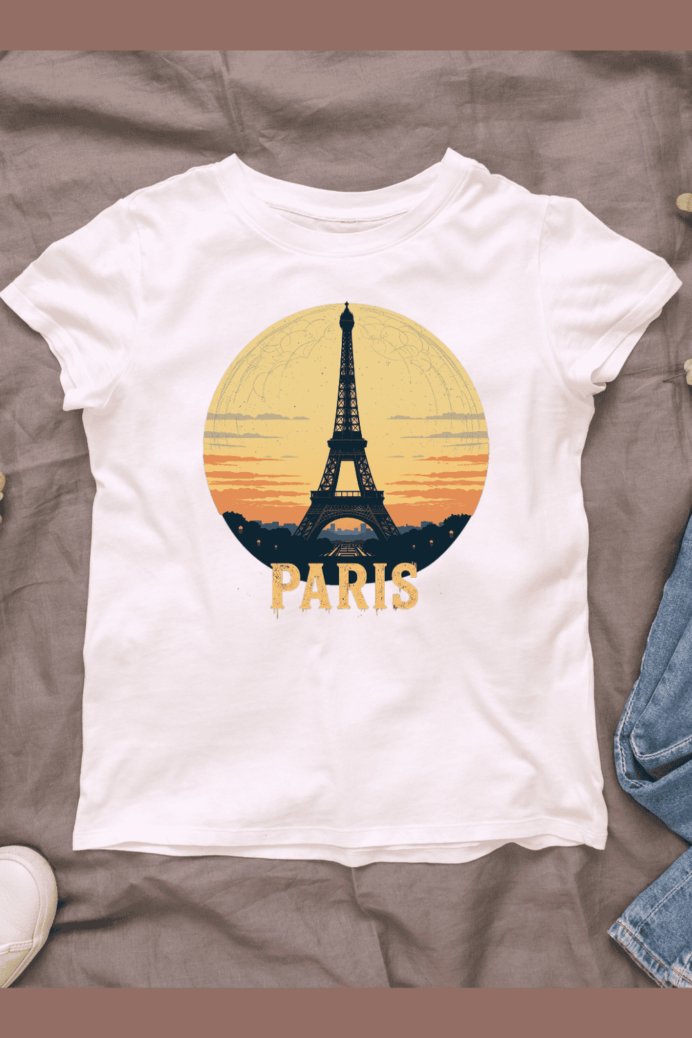 Retro Sunset Eiffel Tower T-shirt Design pinterest preview image.