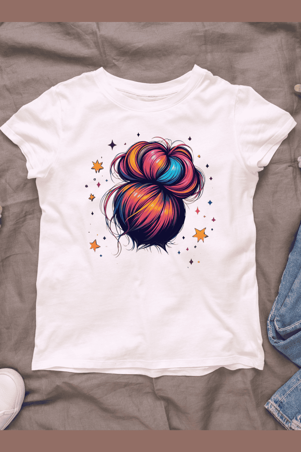 Vibrant Hair Bun with Stars T-shirt Design pinterest preview image.