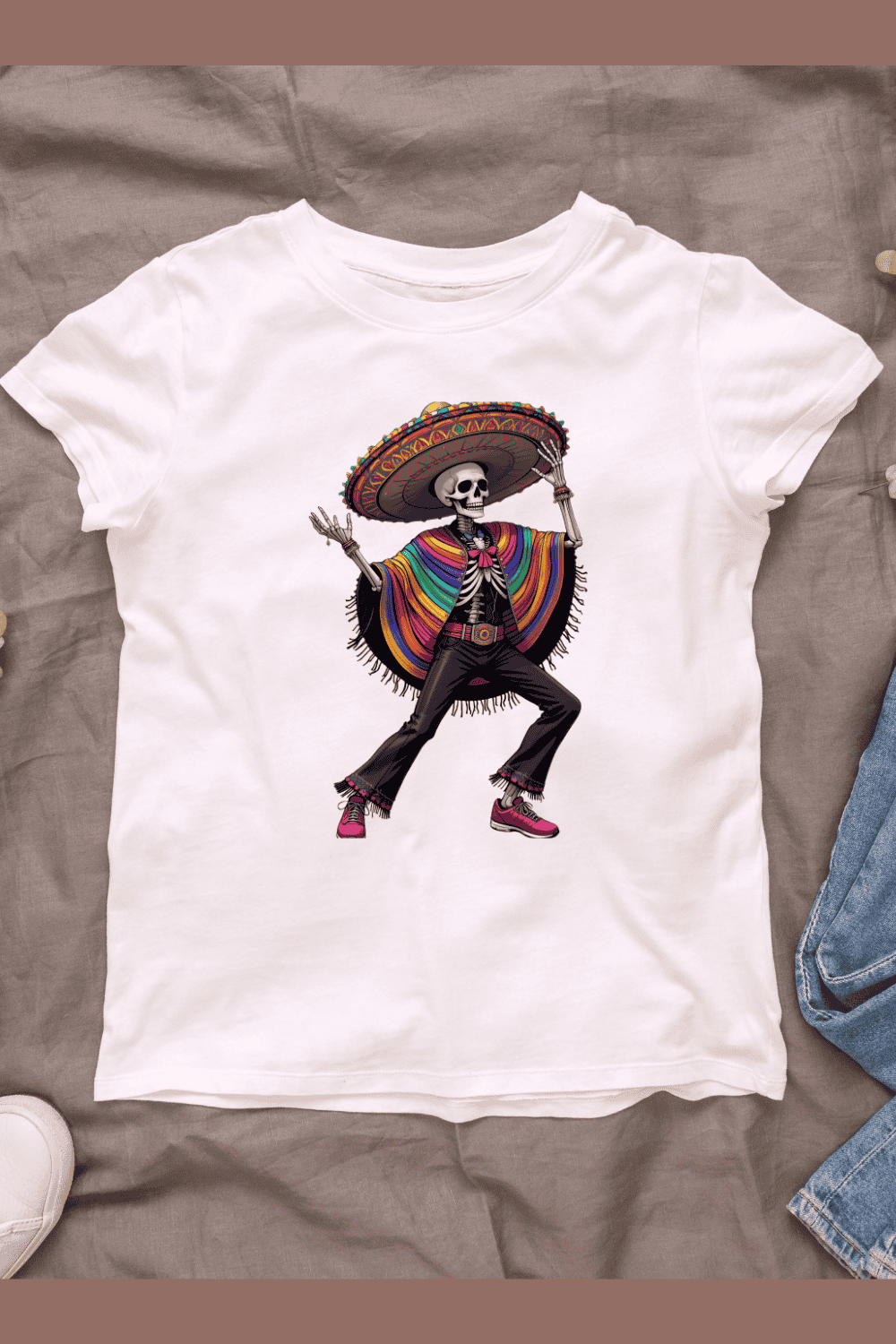 Colorful Skeleton in Poncho T-shirt Design pinterest preview image.