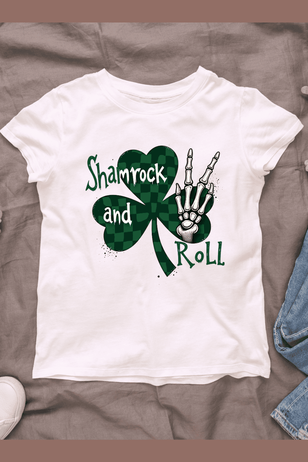 Shamrock and Roll with Skeleton Hand T-shirt Design pinterest preview image.