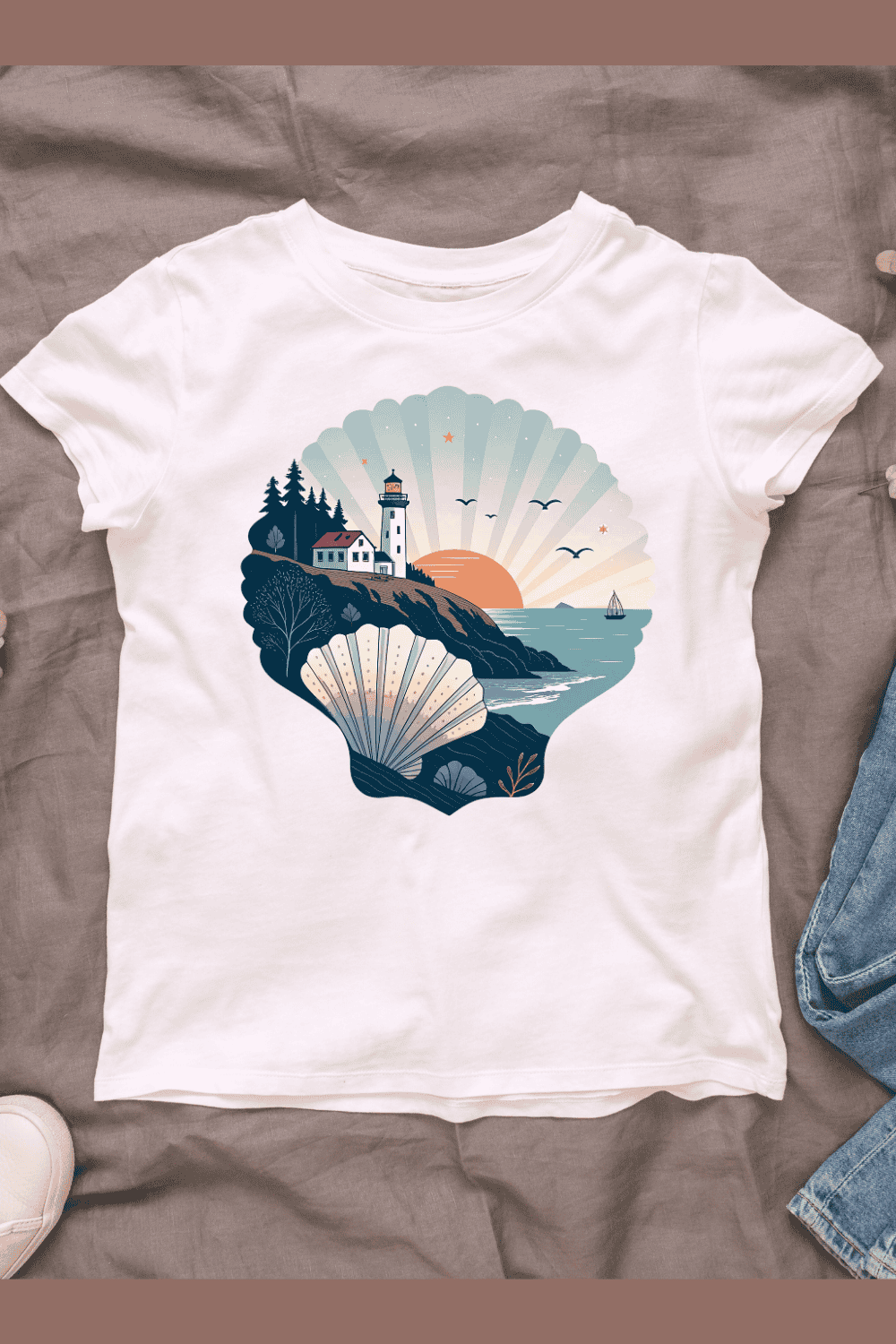 Seashell with Lighthouse on Cliff at Sunset T-shirt Design pinterest preview image.