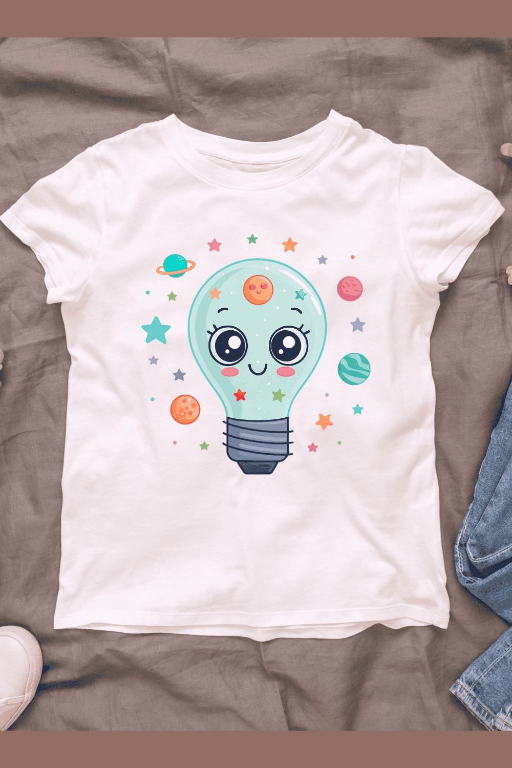 Cute Light Bulb Kawaii Space T-shirt Design pinterest preview image.