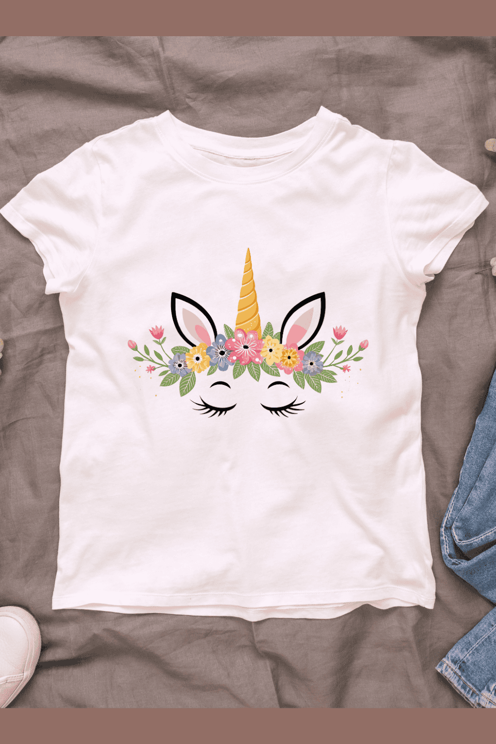 Unicorn and Spring Elements T-shirt Design pinterest preview image.