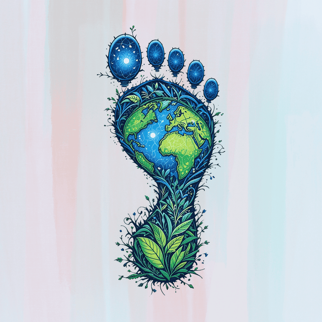 Footprint Shaped Earth with Green Plants T-shirt Design preview image.