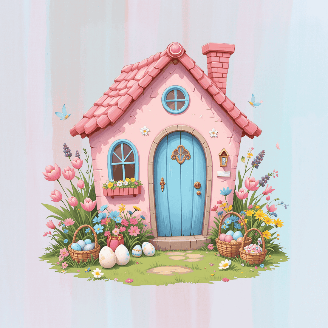 Cottage with Flower Garden and Eggs T-shirt Design preview image.