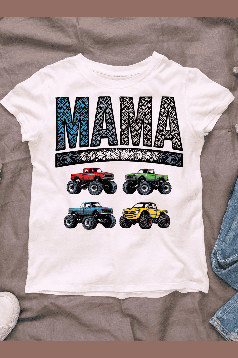 Dark color Mama Monster Truck T-shirt Design pinterest preview image.