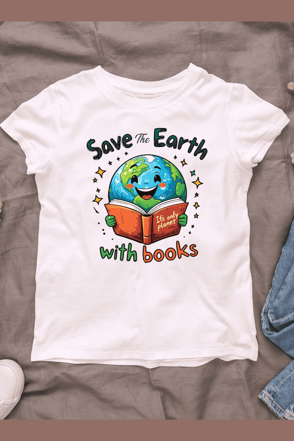 Save The Earth with Books T-shirt Design pinterest preview image.