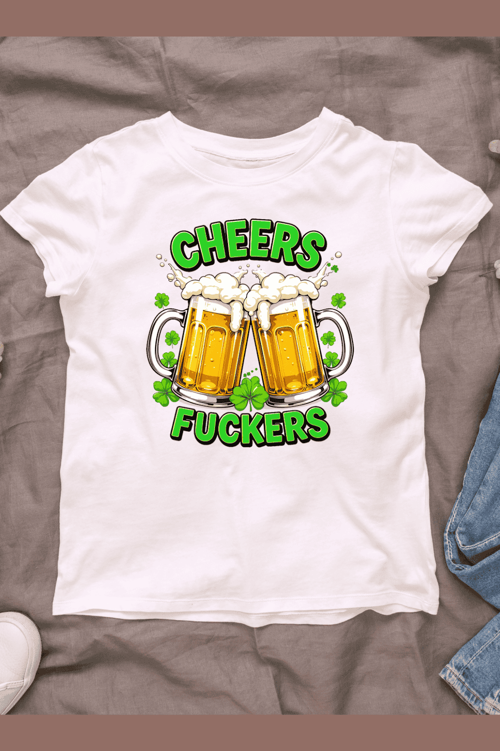 Two Beer Mugs with Shamrocks T-shirt Design pinterest preview image.