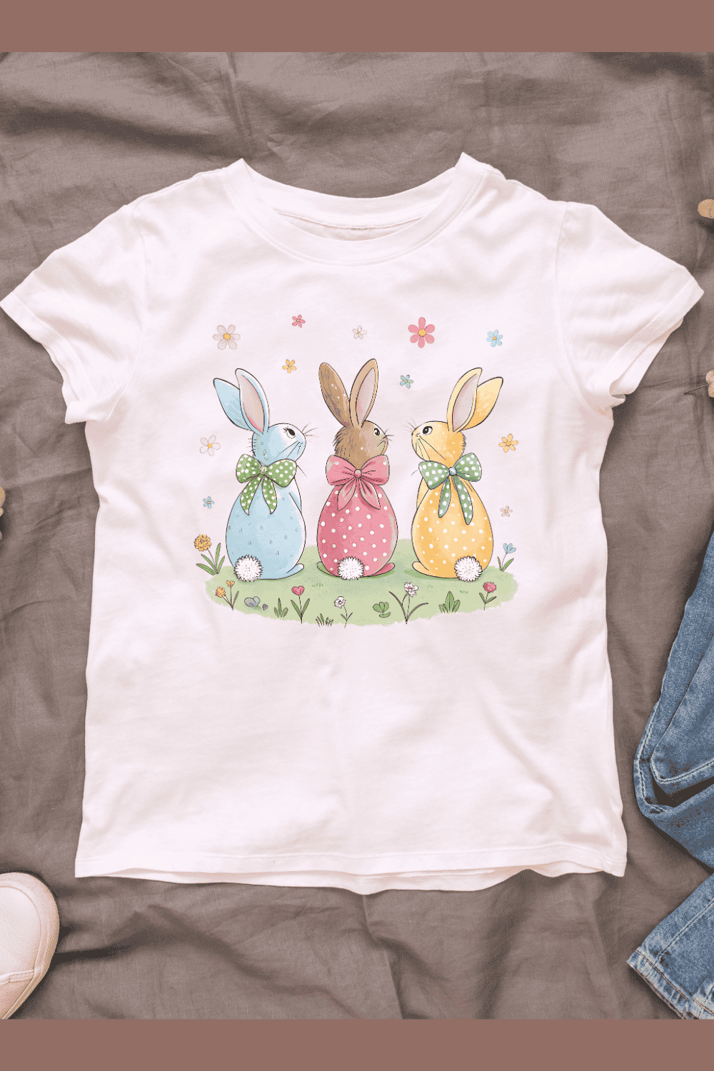 Pastel Bunnies with Flowers T-shirt Design pinterest preview image.