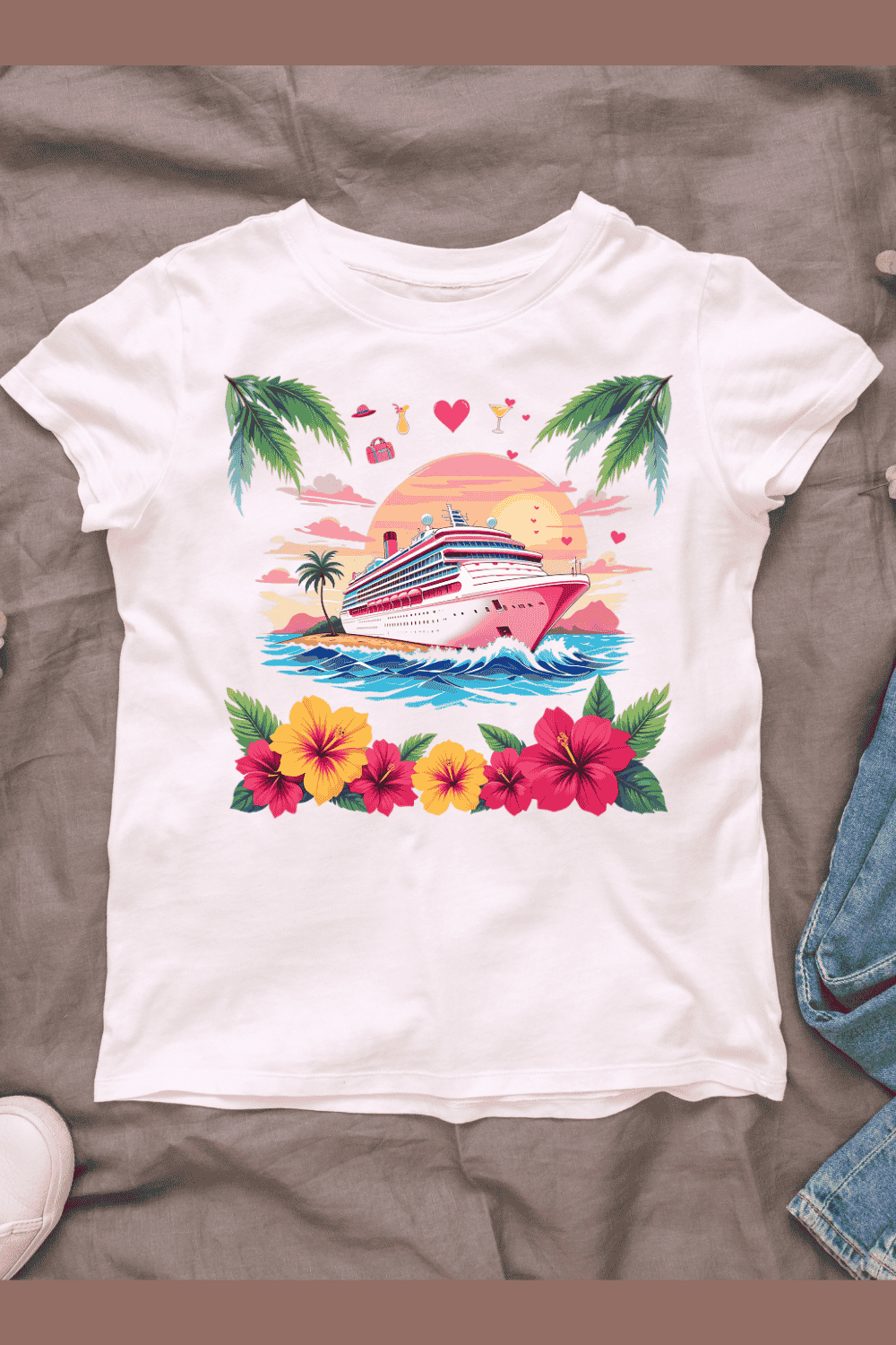 Sunset Cruise Ship T-shirt Design pinterest preview image.