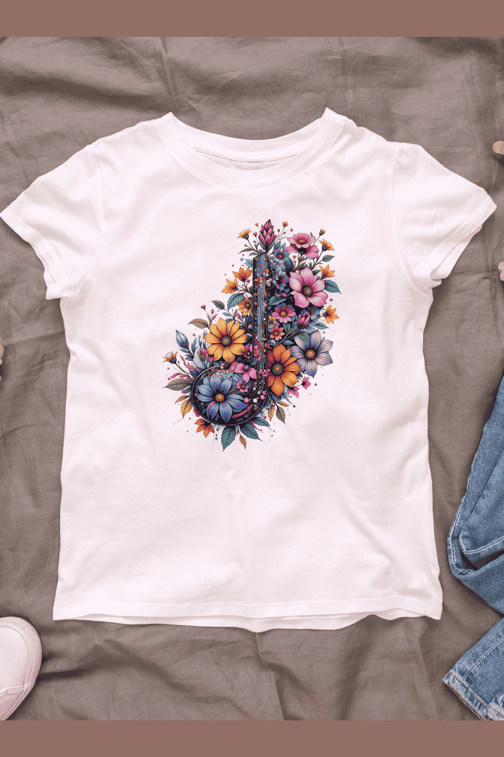 Colorful Floral Music Symbol T-shirt Design pinterest preview image.