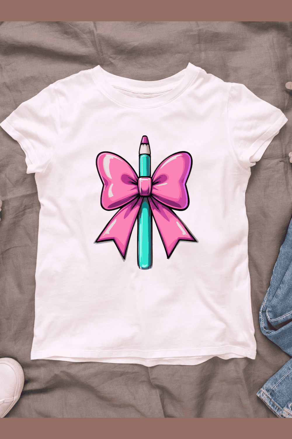 Teal and Pink Pencil with Bow T-shirt Design pinterest preview image.