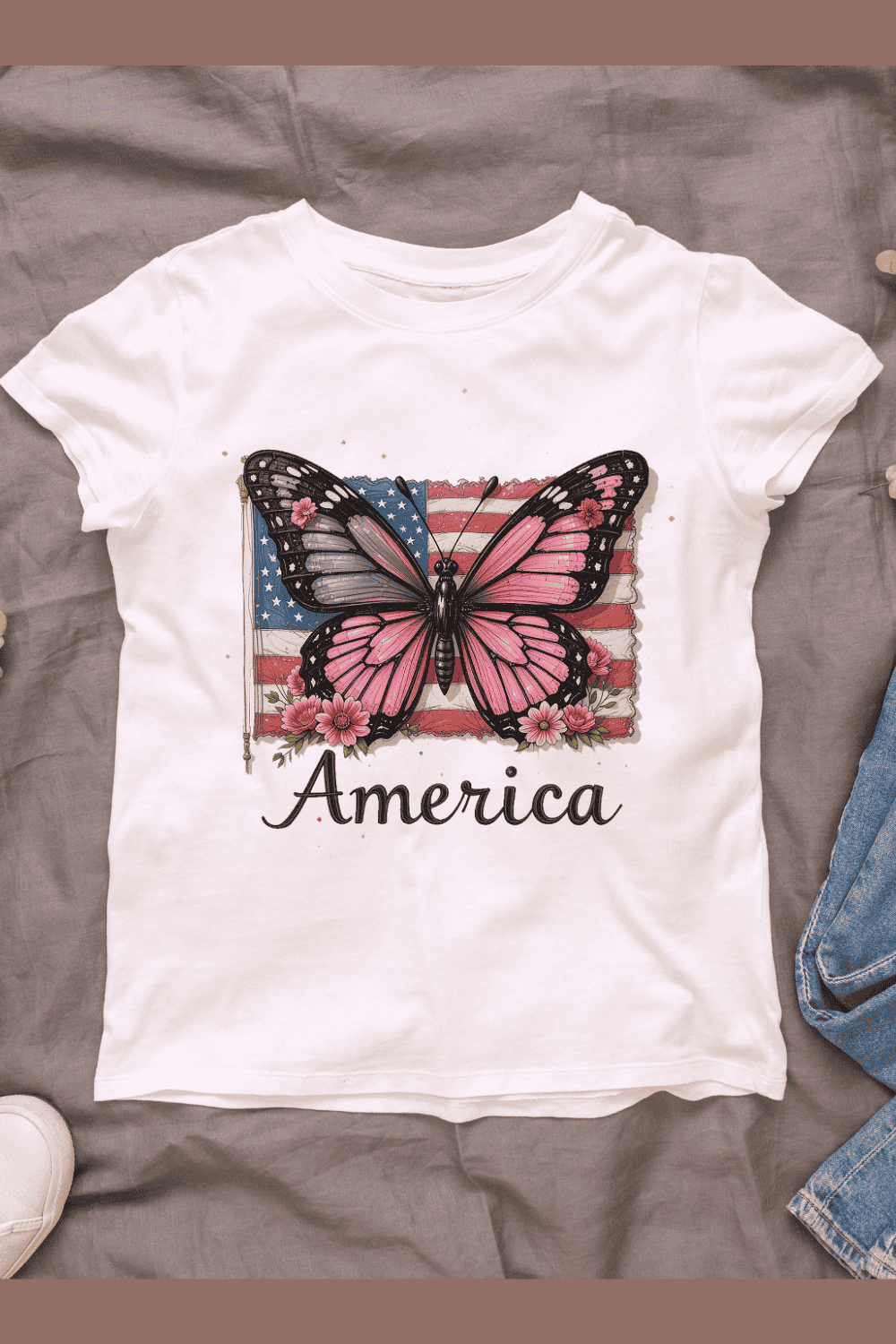 American Flag Butterfly with Flowers T-shirt Design pinterest preview image.