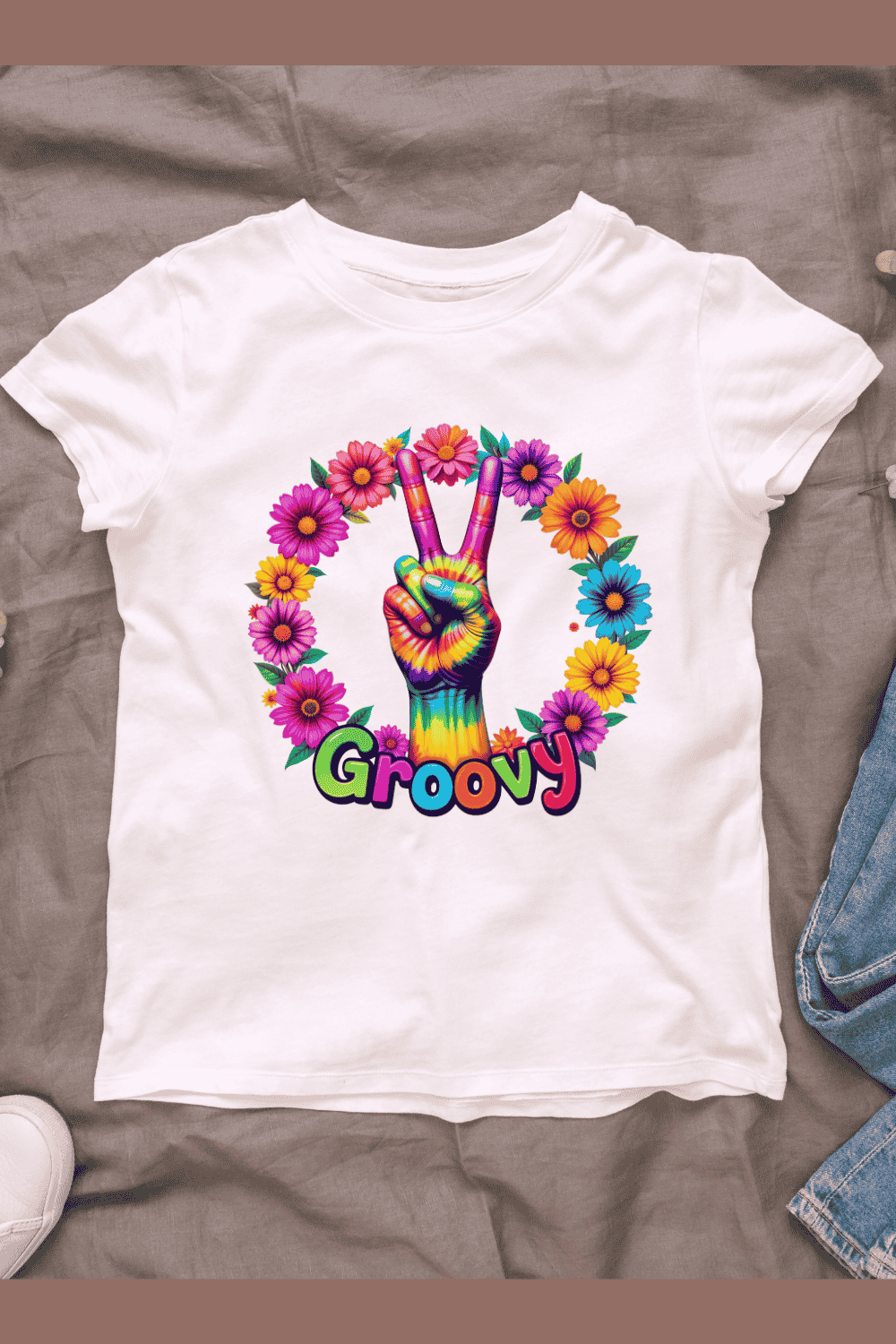 Tie-Dye Peace Hand with Groovy T-shirt Design pinterest preview image.