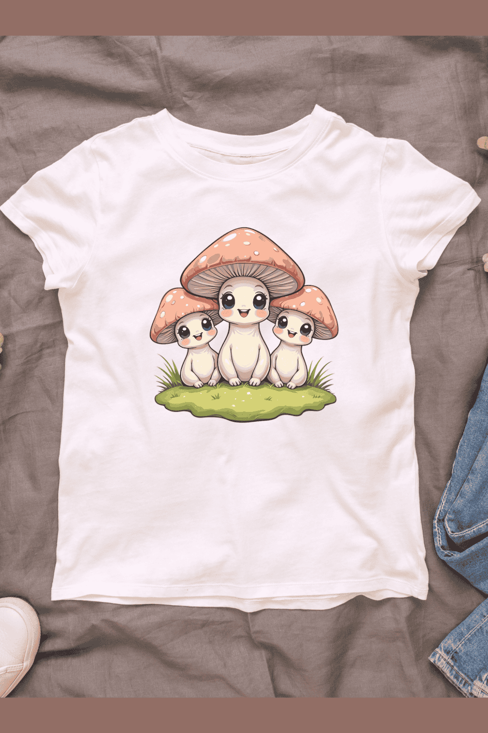 Happy Mushroom Family T-shirt Design pinterest preview image.