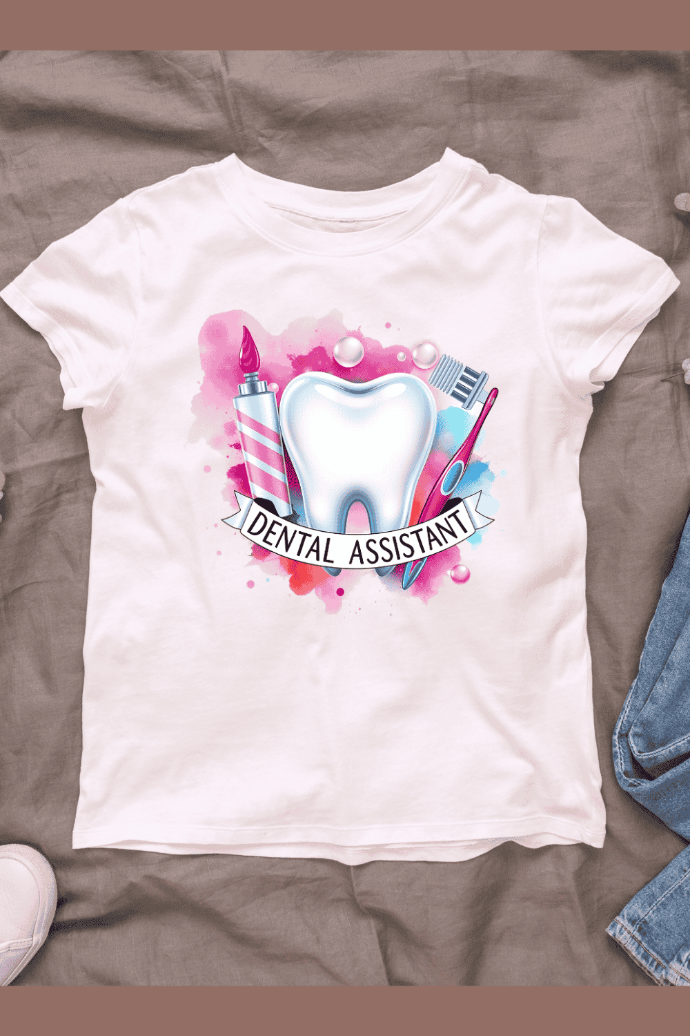 Dental Assistant Text with Tooth T-shirt Design pinterest preview image.