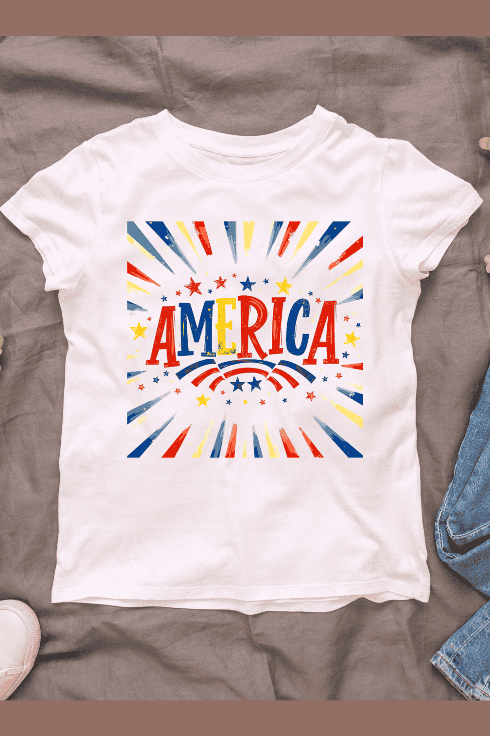 America Typography Patriotic Stars and Stripes T-shirt Design pinterest preview image.