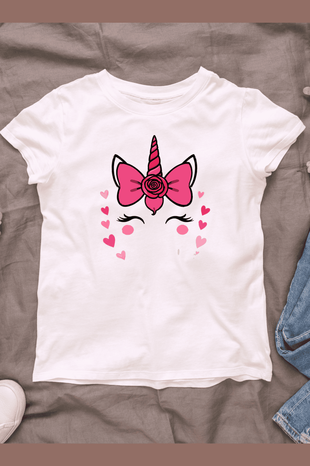 Pink Unicorn with Hearts T-shirt Design pinterest preview image.