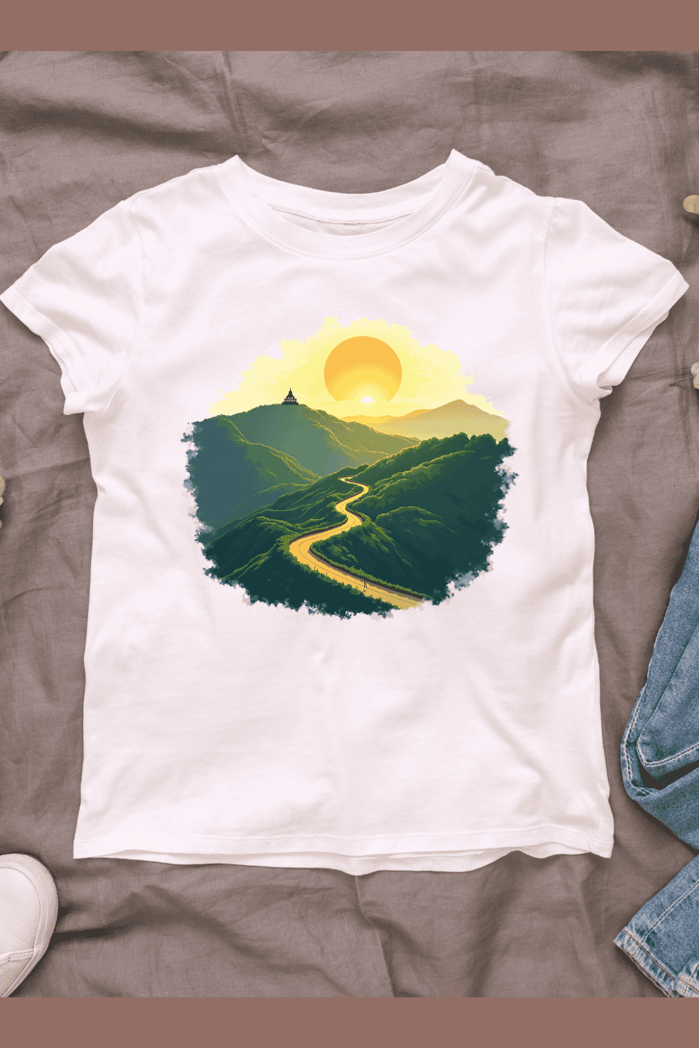 Winding Road Through Green Mountains at Sunset T-shirt Design pinterest preview image.