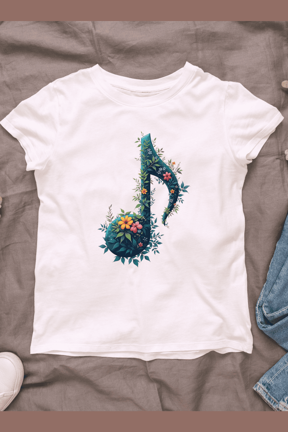 Flower Decorated Musical Note T-shirt Design pinterest preview image.