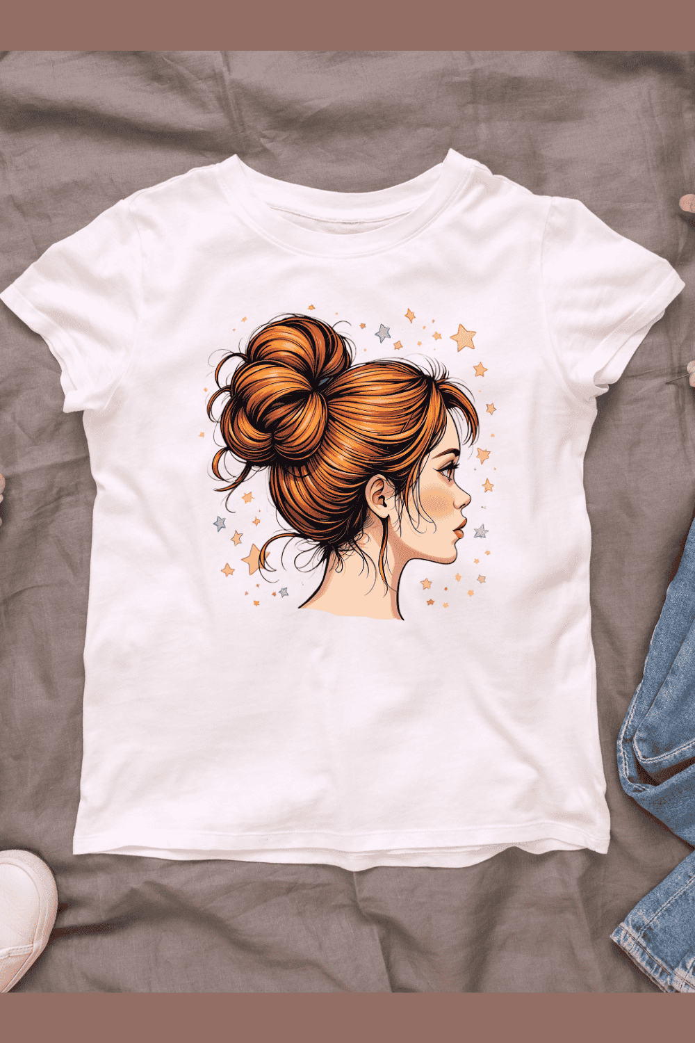 Whimsical Hair Bun with Stars T-shirt Design pinterest preview image.