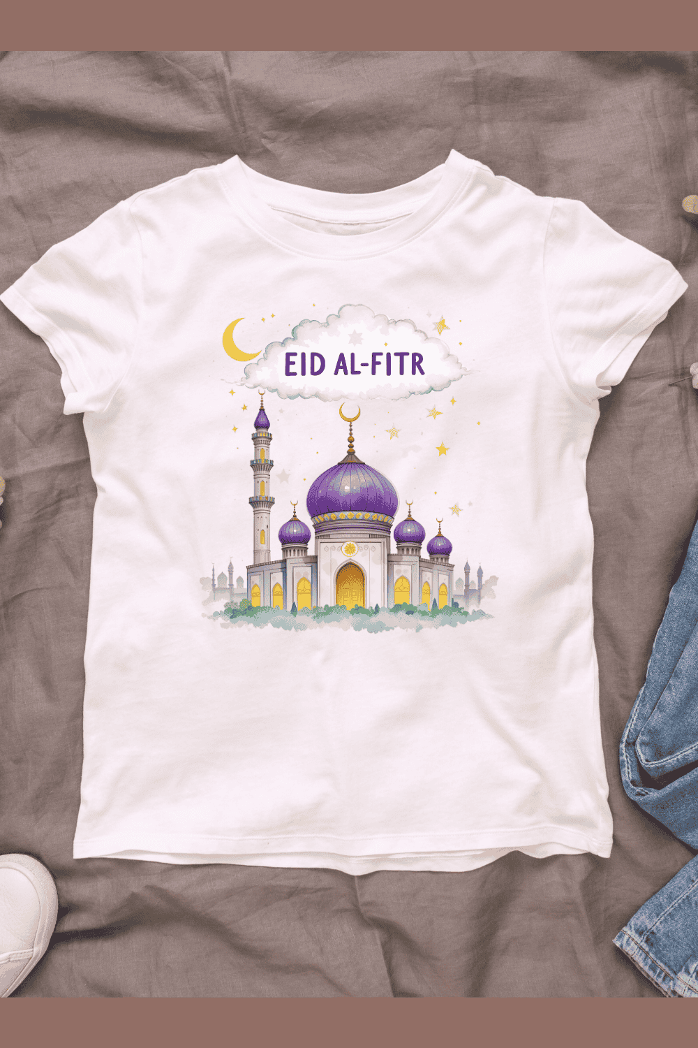 Colorful Mosque with Eid al-Fitr Text T-shirt Design pinterest preview image.