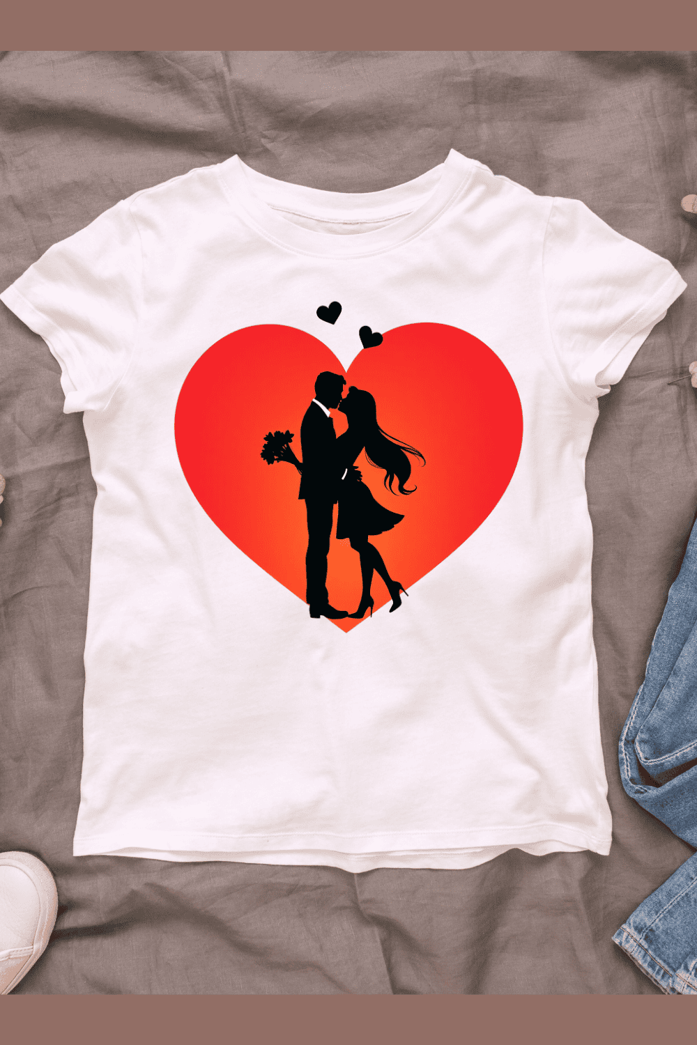 Romantic Couple Silhouette, Heart Background T-shirt Design Bundle pinterest preview image.