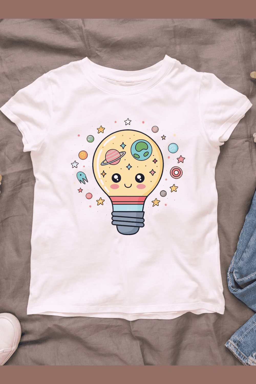 Light Bulb with Face Space and Planet Cartoon T-shirt Design pinterest preview image.