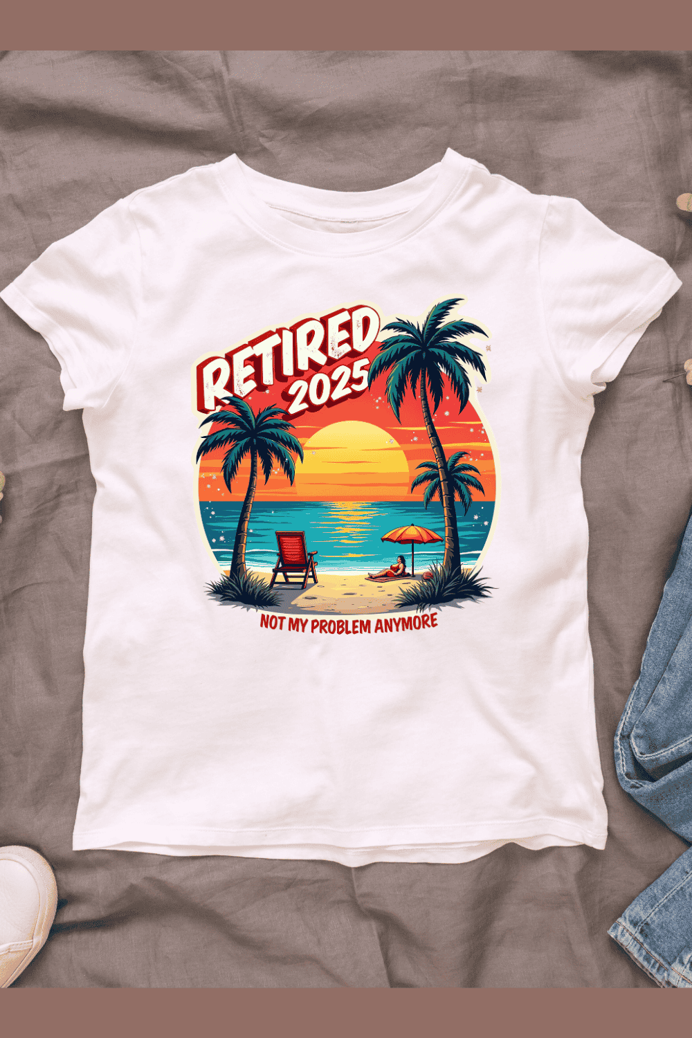 Palm Trees, Sunset & Retired 2025 Text T-shirt Design Bundle pinterest preview image.