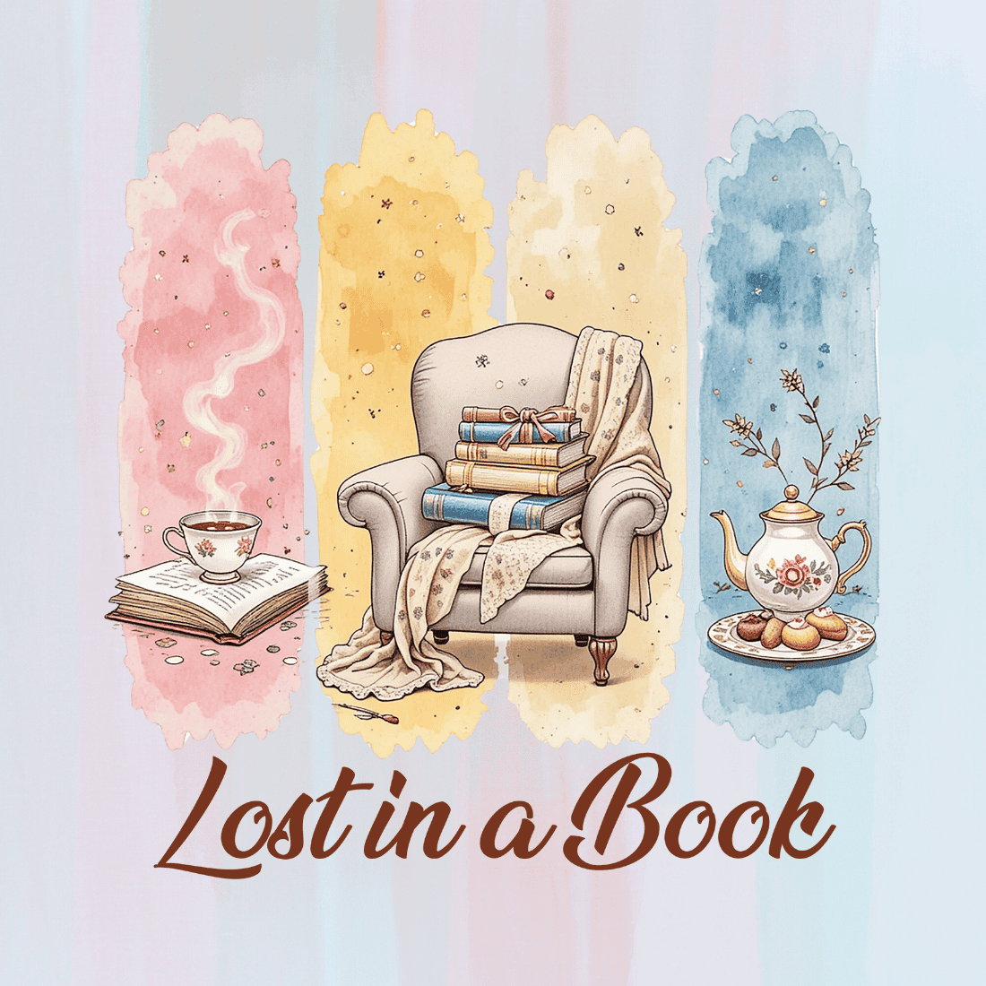 Comfortable Armchair with Books and Tea T-shirt Design preview image.