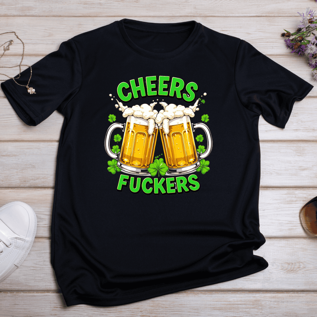 Two Beer Mugs with Shamrocks T-shirt Design preview image.