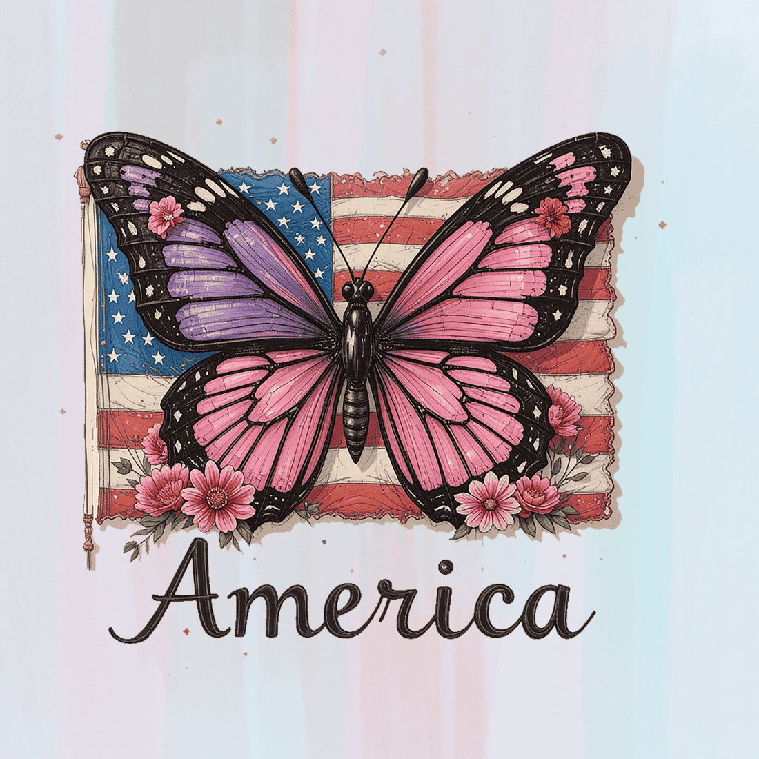 American Flag Butterfly with Flowers T-shirt Design preview image.