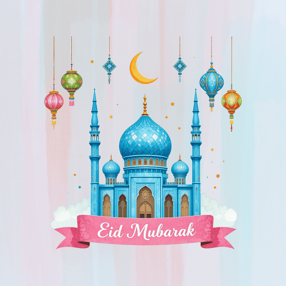 Eid Mubarak - Mosque, Crescent & Lanterns T-shirt Design preview image.