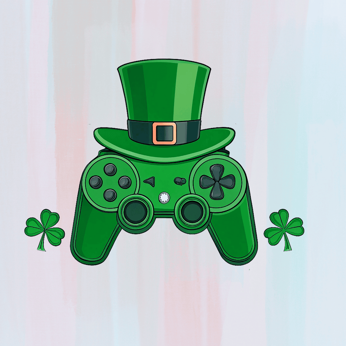 St Patrick's Day Game Controller Leprechaun Hat and Shamrocks T-shirt Design preview image.