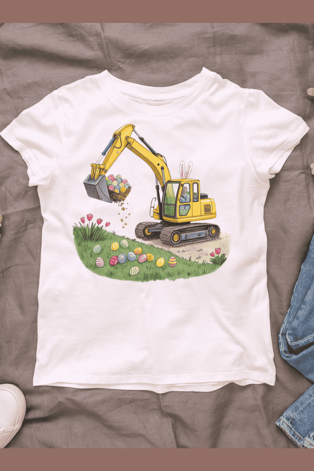 Eggs and Construction Vehicle T-shirt Design pinterest preview image.