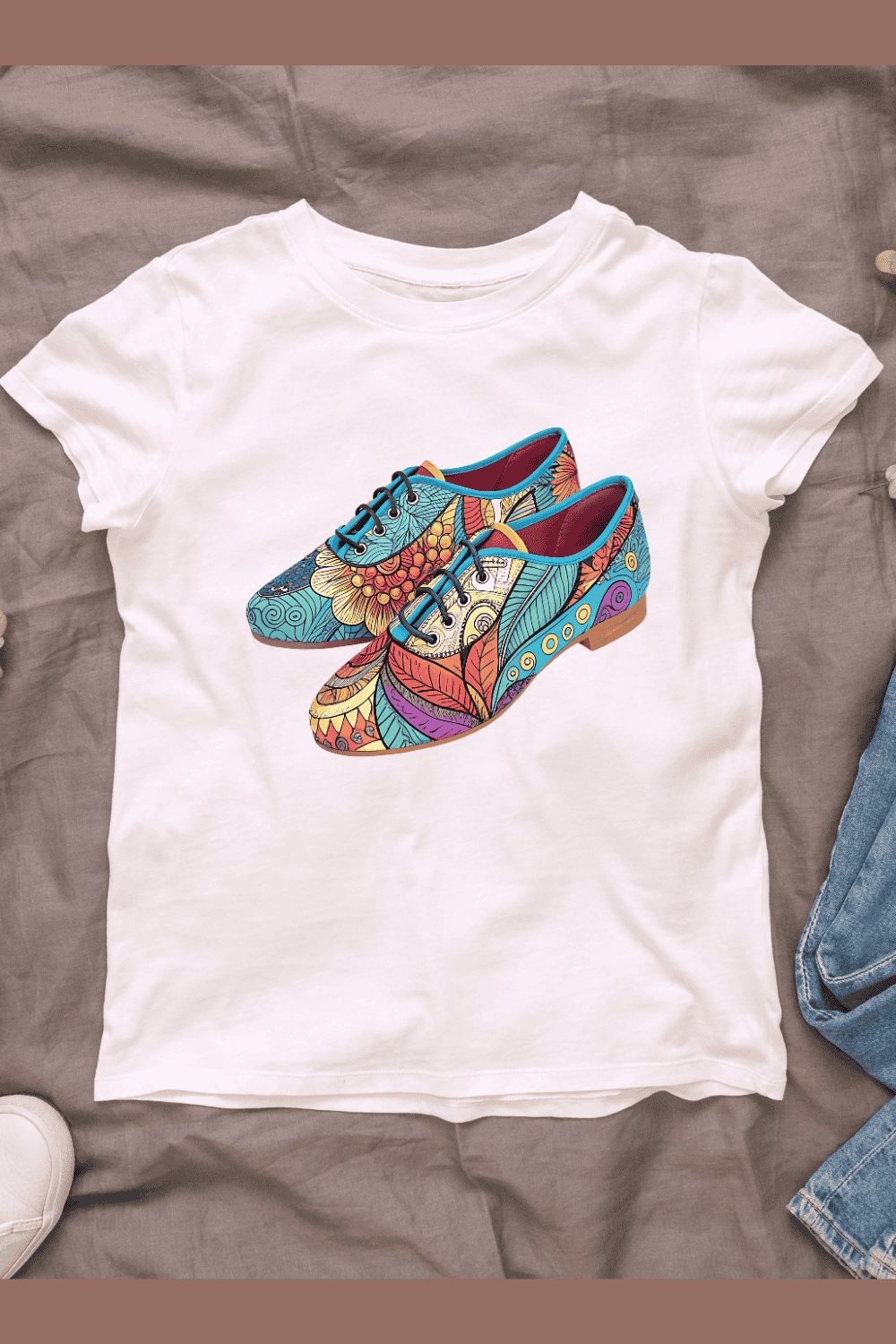 Vibrant Patterned Lace-Up Shoes T-shirt Design pinterest preview image.