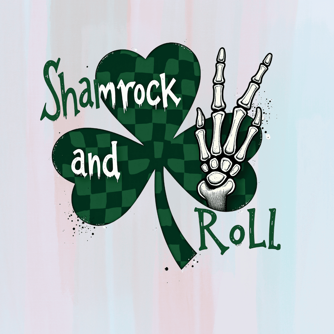 Shamrock and Roll with Skeleton Hand T-shirt Design preview image.