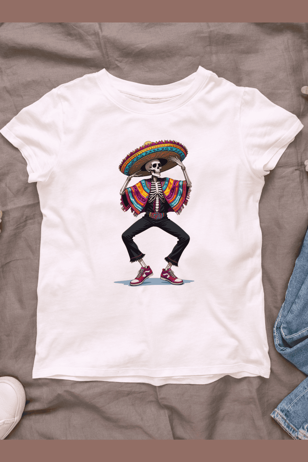 Festive Skeleton with Sombrero T-shirt Design pinterest preview image.