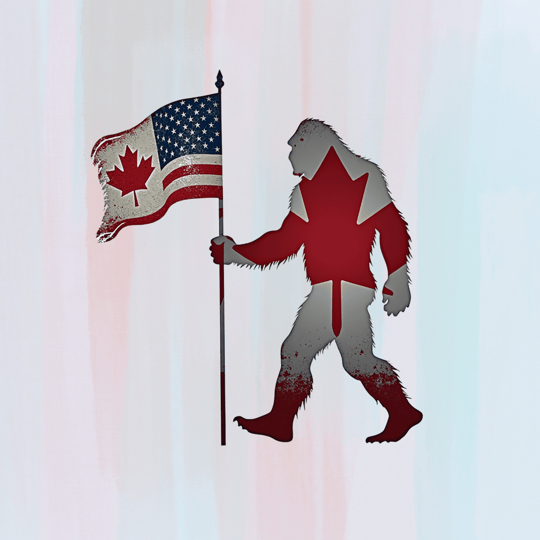 Bigfoot Holding American and Canadian Flag T-shirt Design preview image.