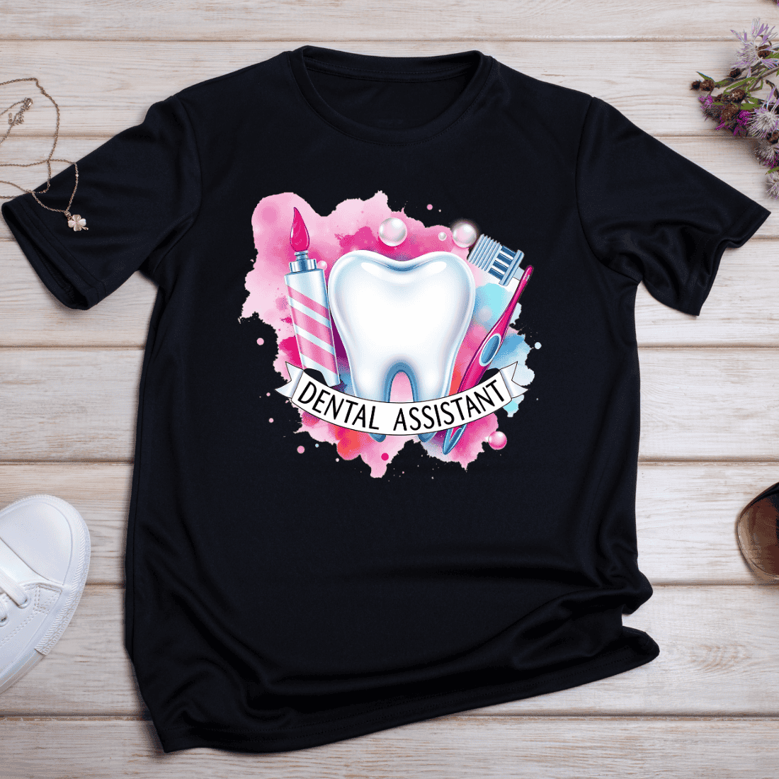 Dental Assistant Text with Tooth T-shirt Design preview image.