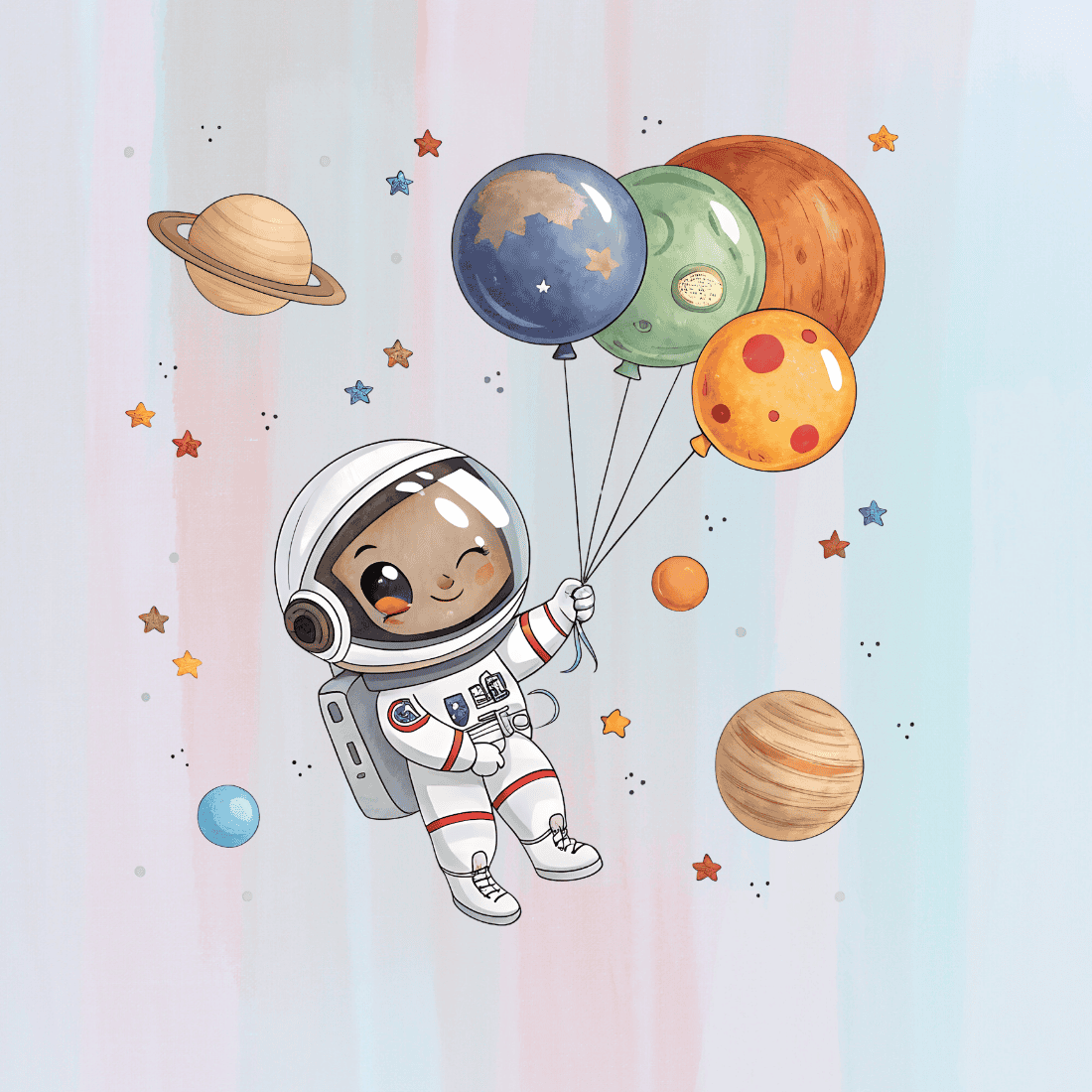 Cute Astronaut with Planet Balloons T-shirt Design preview image.