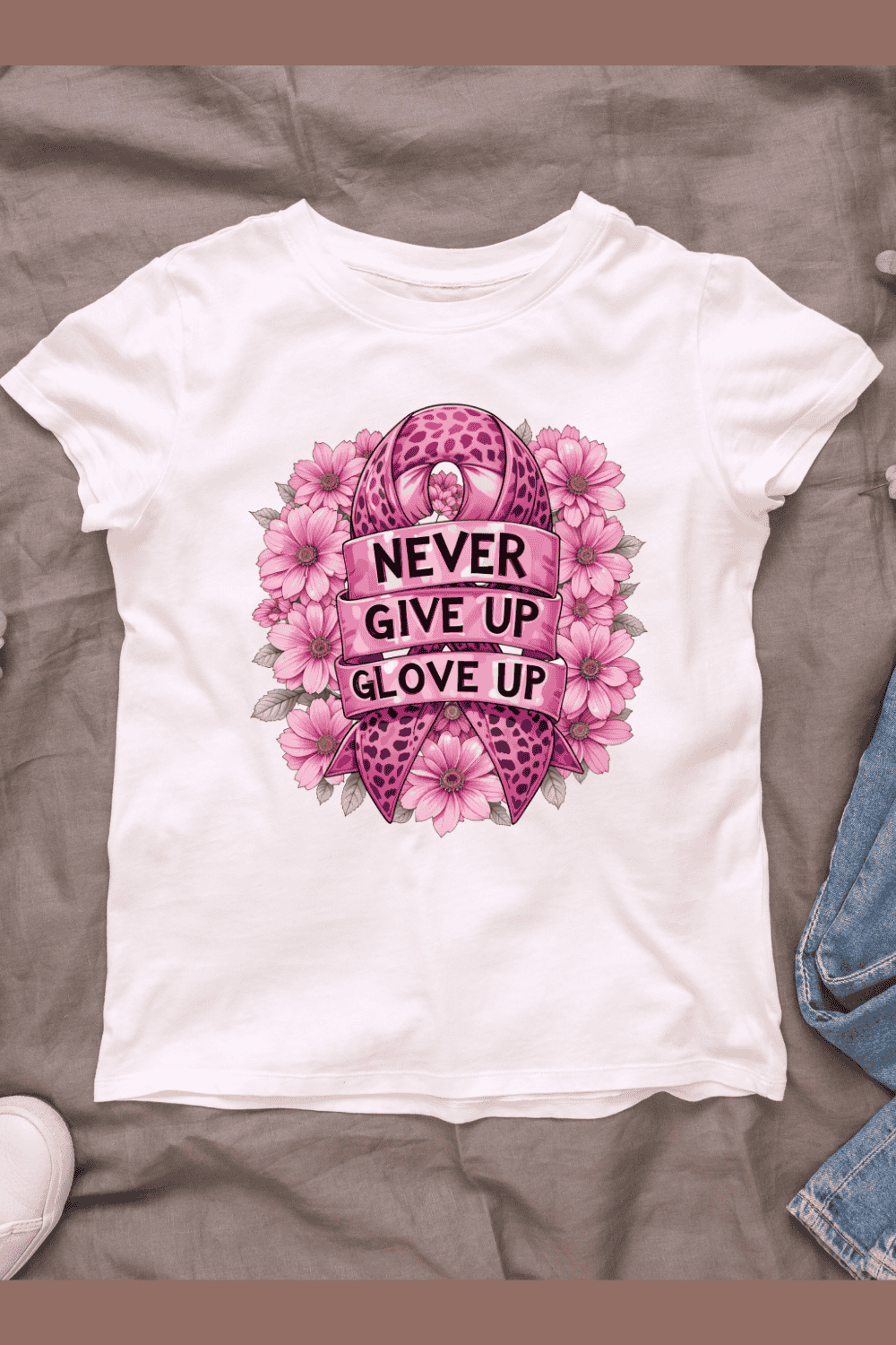 Never Give Up Glove Up Ribbon T-shirt Design pinterest preview image.