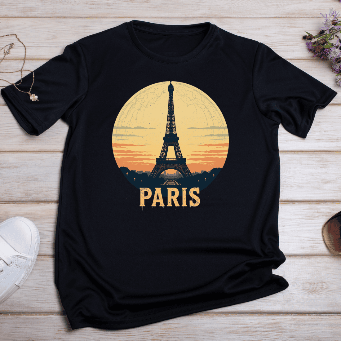 Retro Sunset Eiffel Tower T-shirt Design cover image.