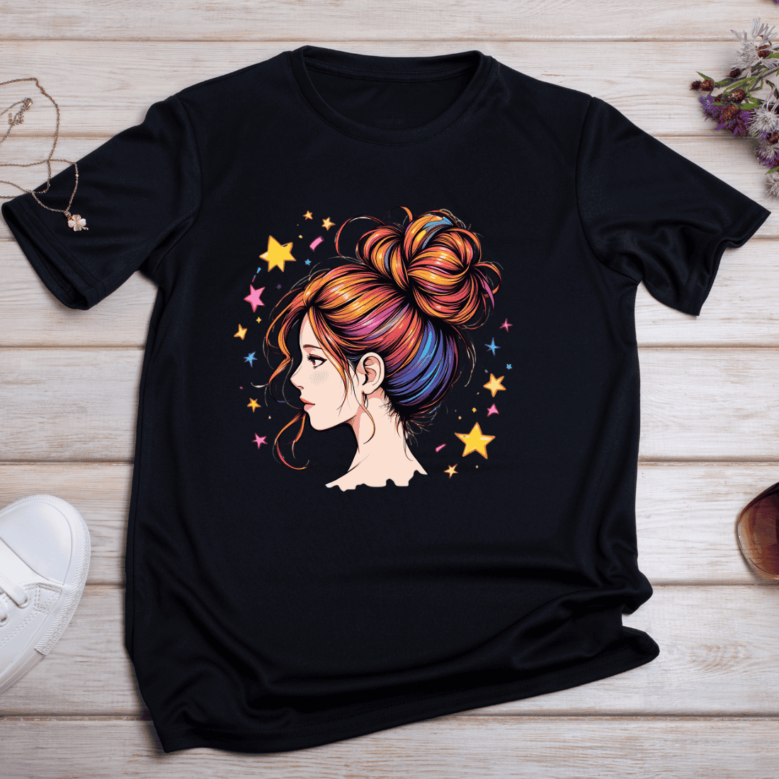 Vibrant Hair Bun T-shirt Design preview image.