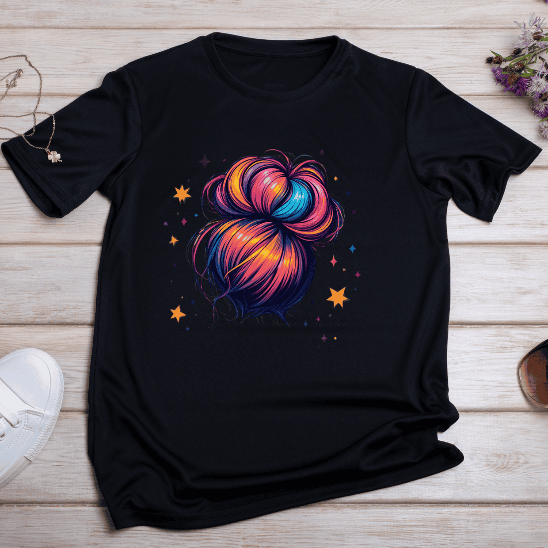 Vibrant Hair Bun with Stars T-shirt Design preview image.