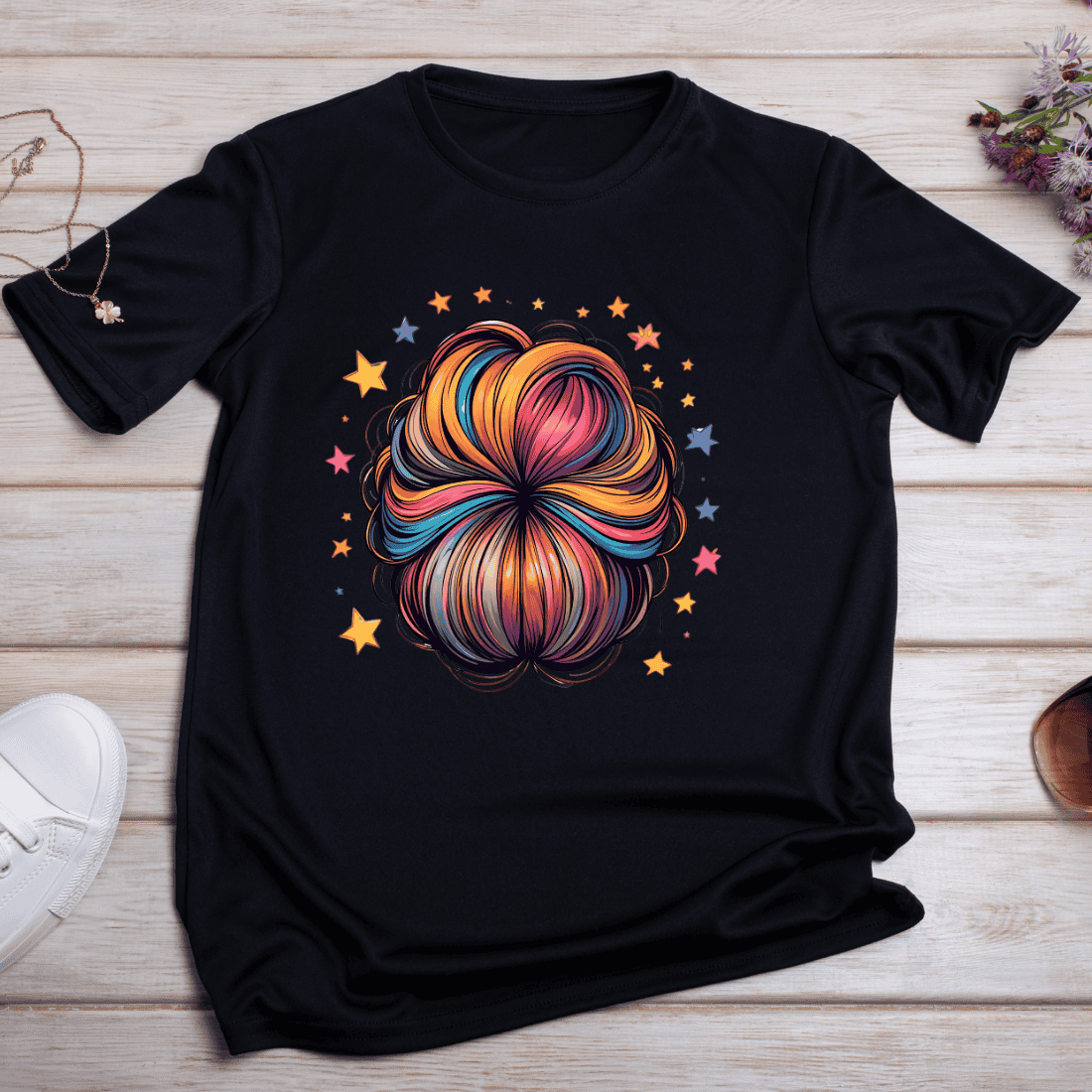 Colorful Hair Bun T-shirt Design preview image.