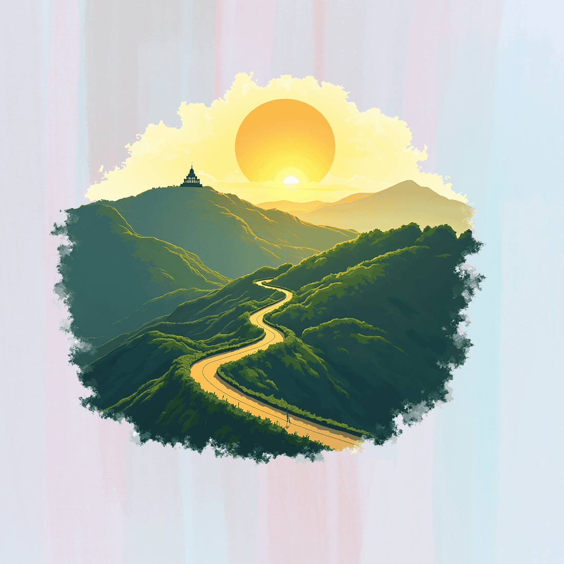 Winding Road Through Green Mountains at Sunset T-shirt Design preview image.